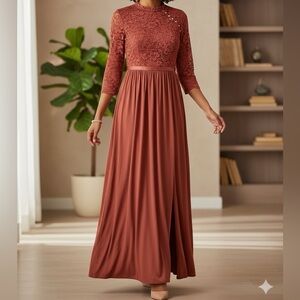 David's Bridal 3/4 Sleeve Gown in Warm Brown